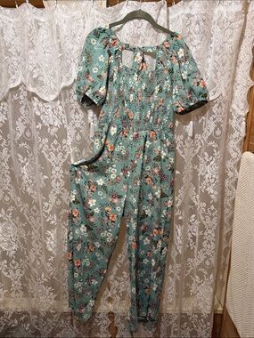 Smocked Floral Jumpsuit in Mint Green